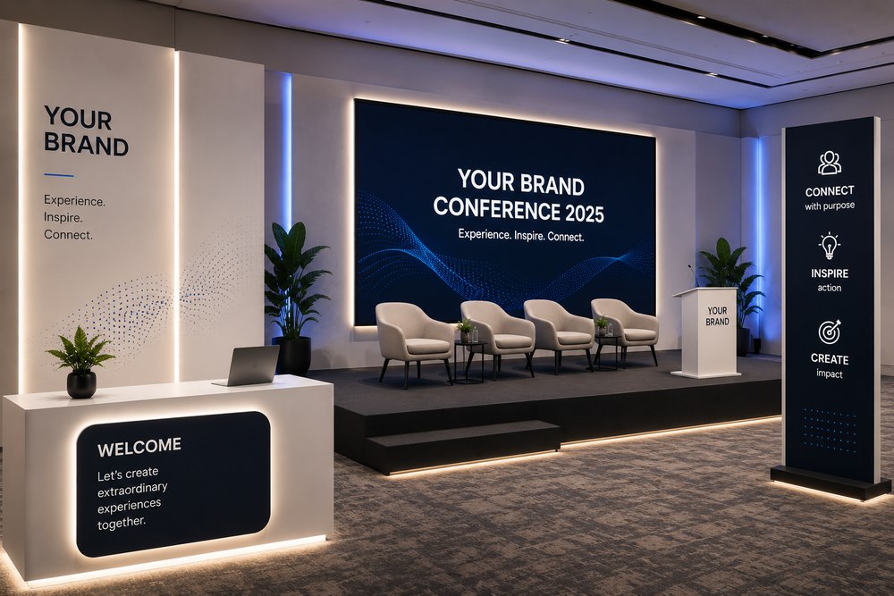 Concept render — branded conference stage
