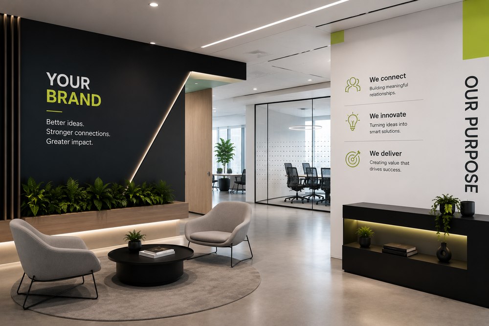 Concept render — branded office lobby